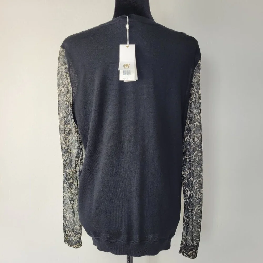 ✅ NWT Tory Burch black gold HONOUR METALLIC-PRINT JACQUARD & KNIT SWEATER XL